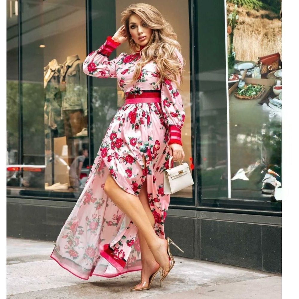 Comino Couture London Let’s Split Pink Floral Long Sleeve Maxi Dress 6 NWT